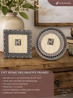 LNT Home Set of 2 Ornate Silver Tone Picture Frames Round & Square Tabletop